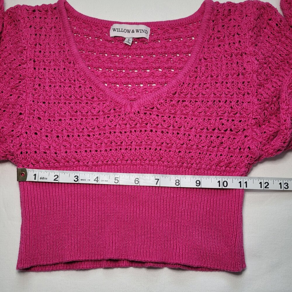 Willow & Wind Knit Cropped V-Neck Sweater Fuchsia Crochet Small Boho - Picture 8 of 10